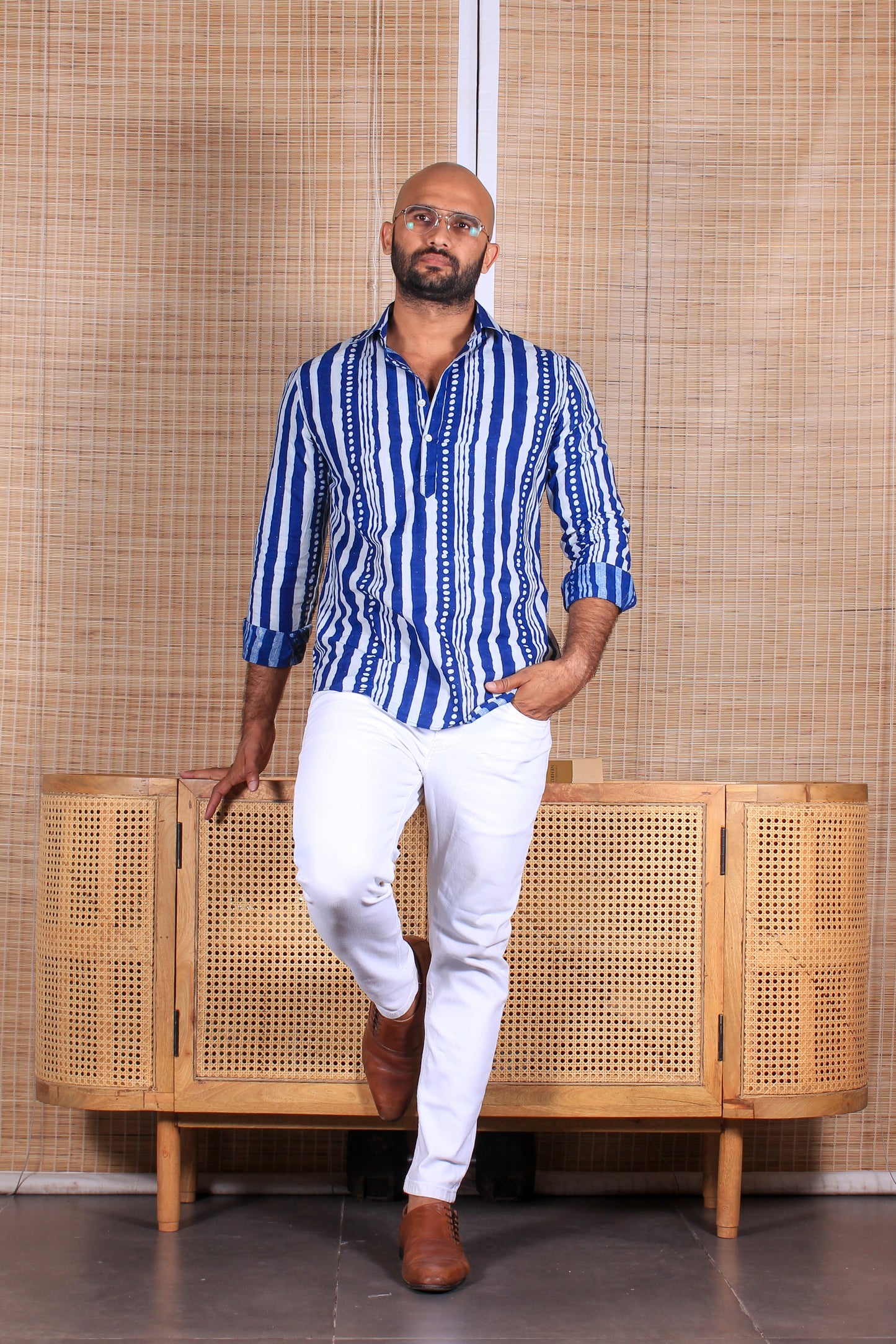 Stripe Indigo Printed Comfort Fit Short Cotton kurta