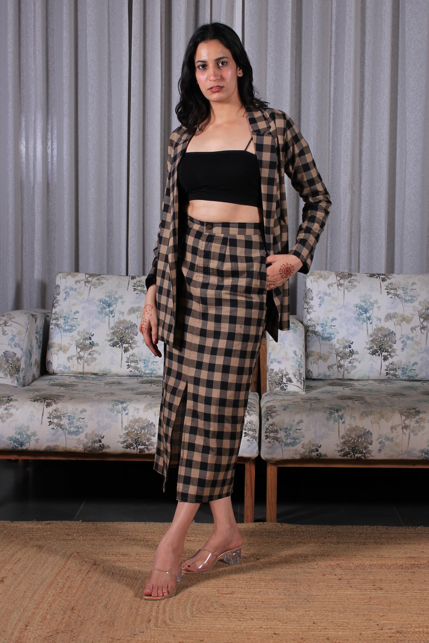 BROWN BLACK CHECK LONG SKIRT AND BLAZER (For customisation contact us)